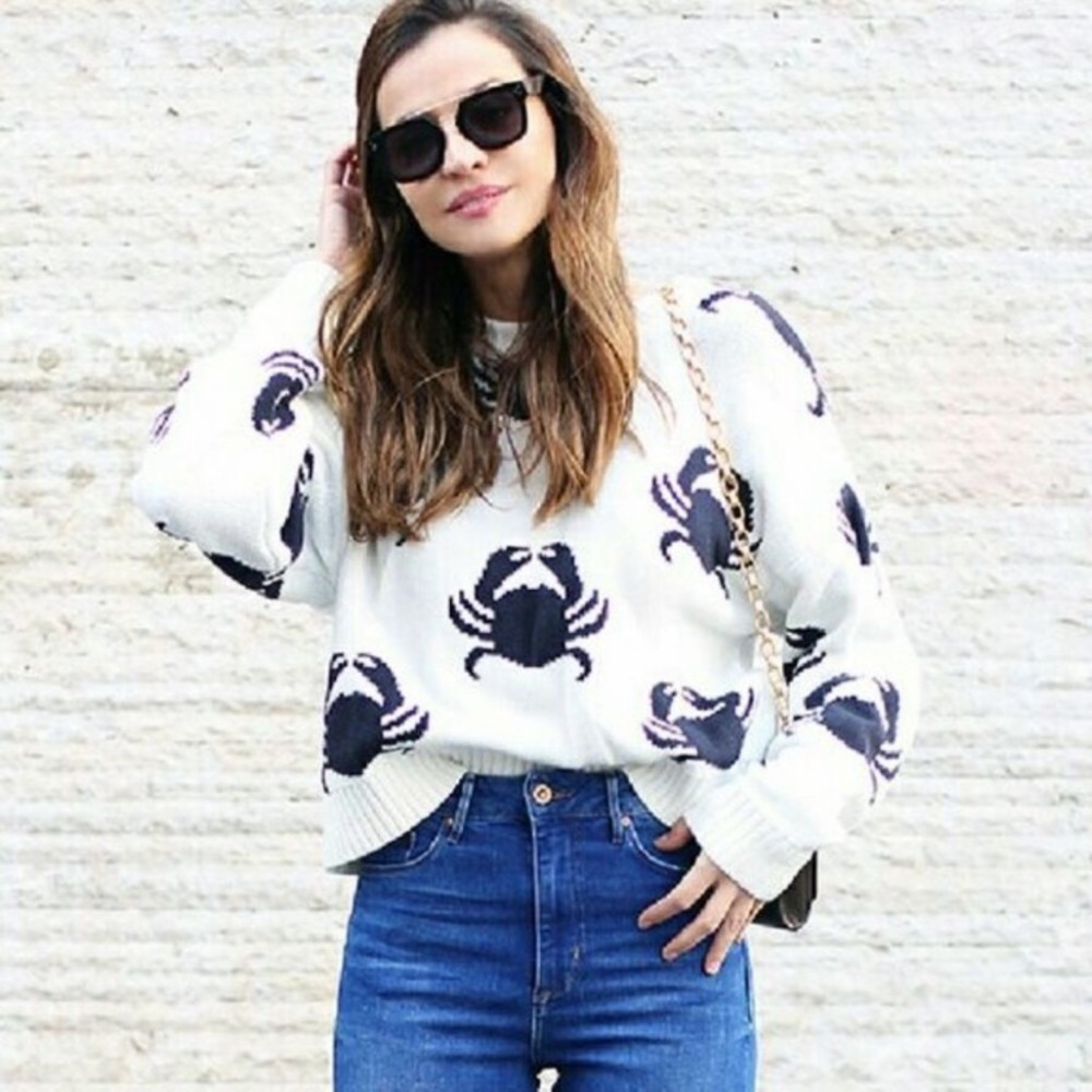 H&M White Sweater with Navy Crab Motif